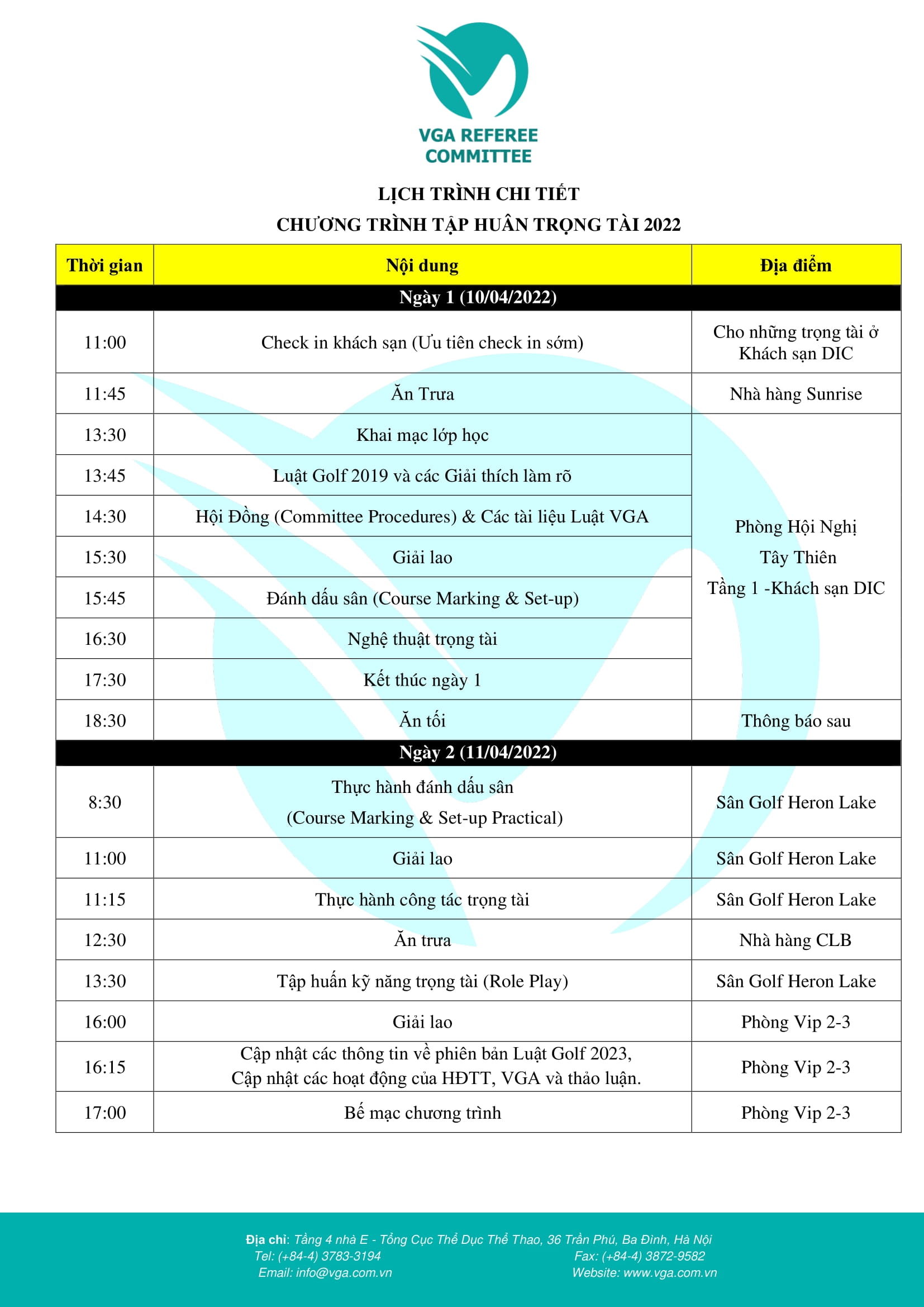 Lịch trình chi tiết Chương trình tập huấn Trọng tài Quốc gia 2022 